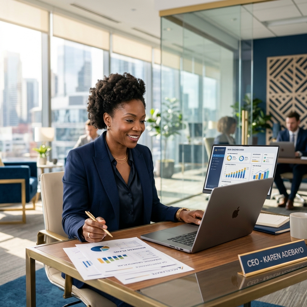Black female business owner collaborating in a modern premium office environment